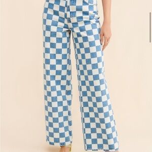 Stylish Blue Checkered Wide Leg Jeans